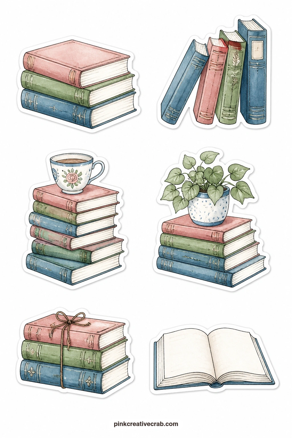 Book Stacks Stickers printable page — Here is where the set begins: a stack of three books, a leaning stack, a tall stack with a cup balanced on top, a stack
