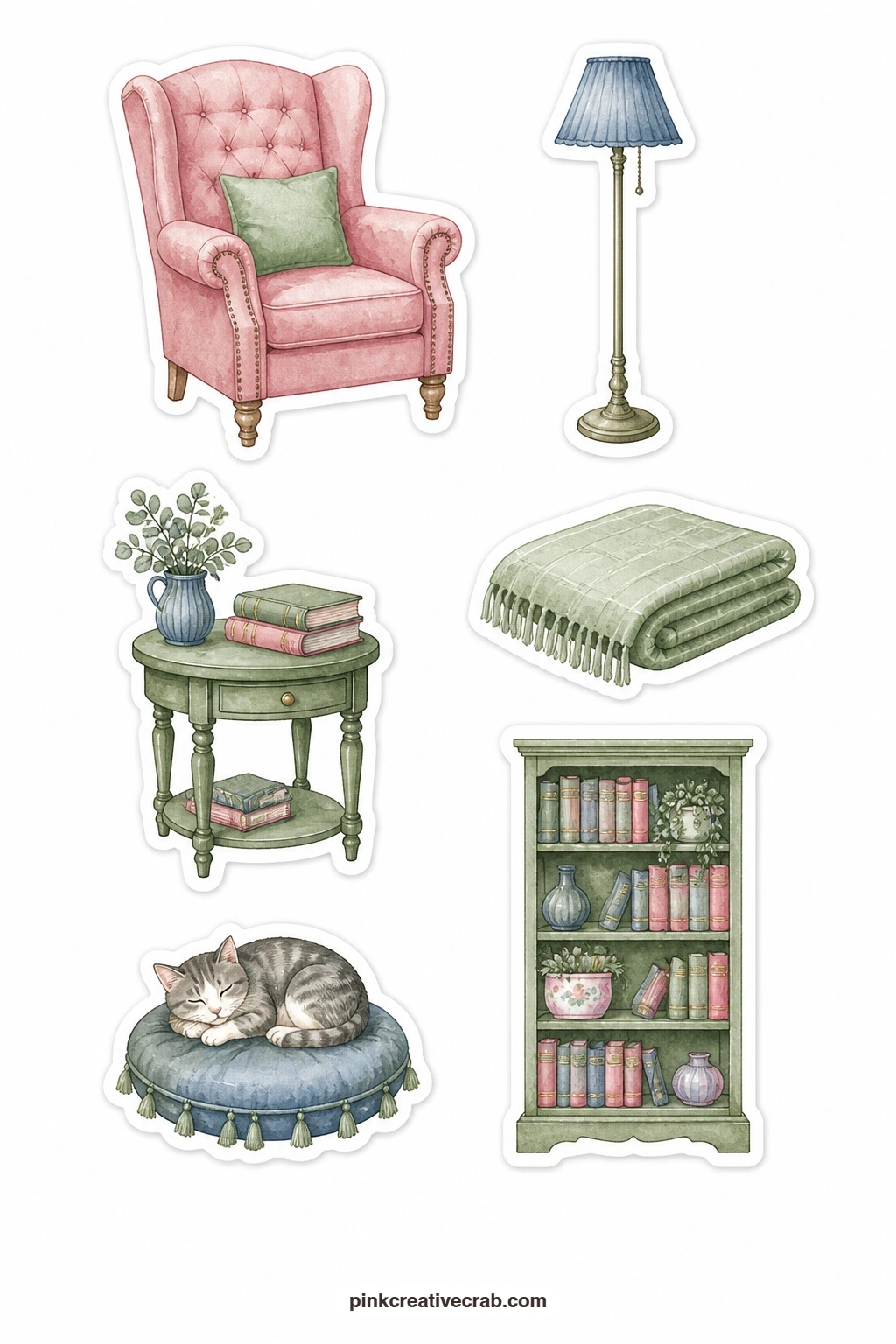 Reading Corner Stickers printable page — Leave a thin white border when cutting out the armchair, standing lamp, side table, blanket, cat on a cushion and
