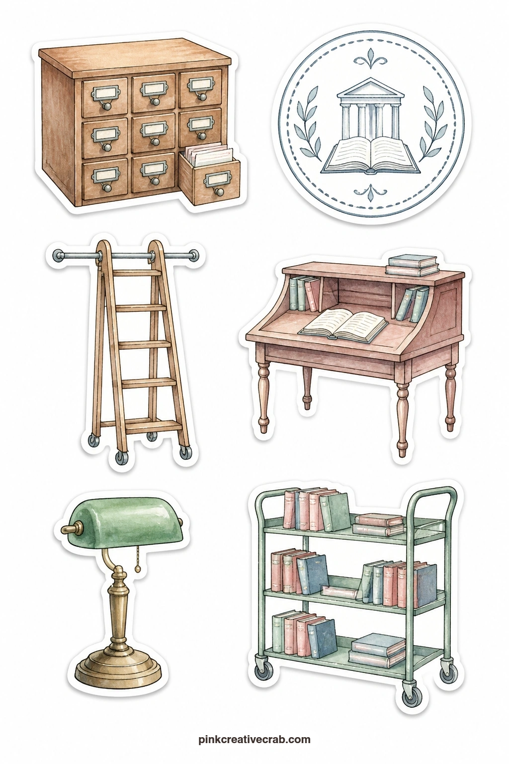 Library Things Stickers printable page — Card catalog drawer, library stamp shape, rolling ladder, reading desk, green lamp and book cart make up this quietly