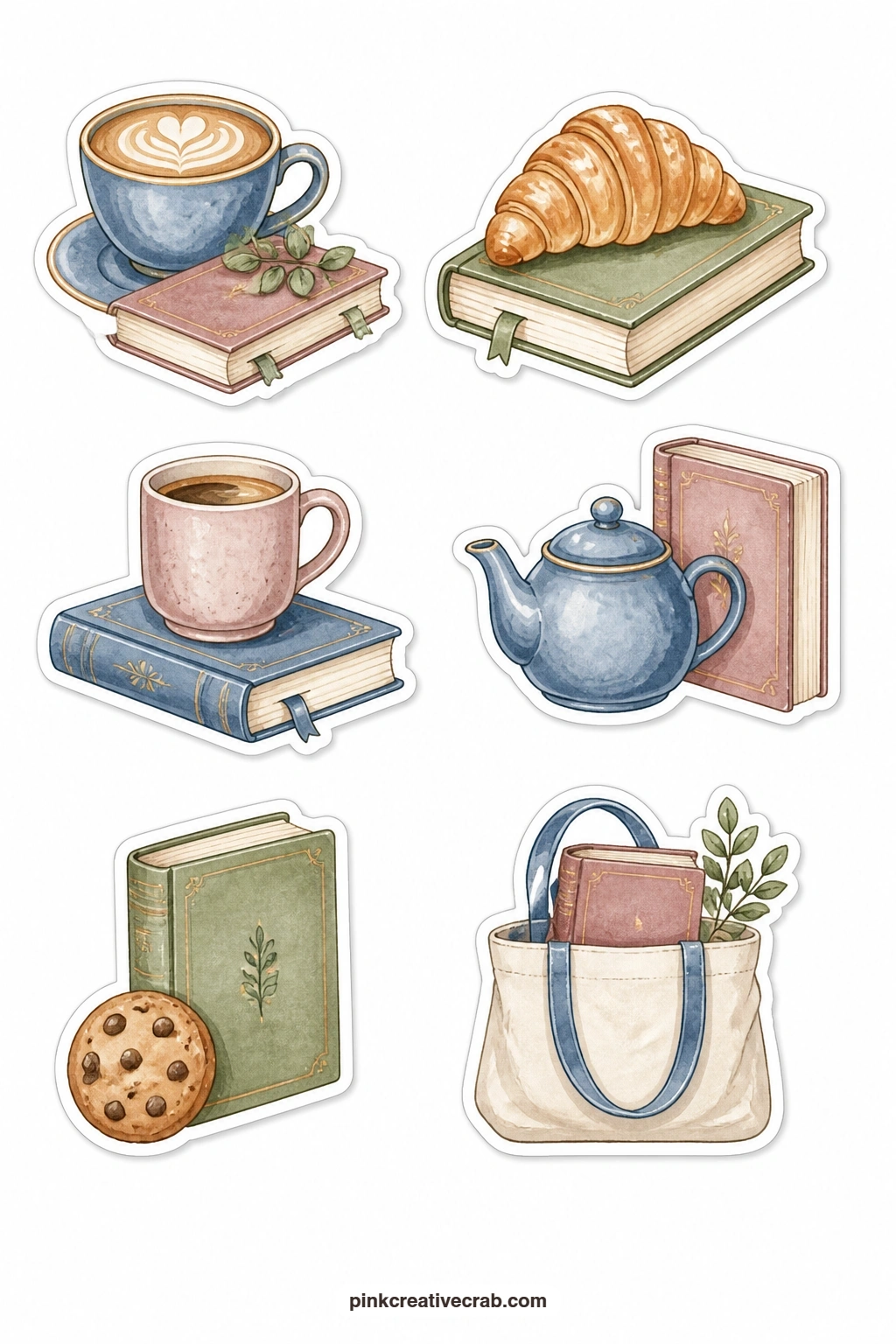 Coffee and Books Stickers printable page — A latte and a book, a book with a croissant, a mug resting on a book, a teapot and a book, a cookie and a book, and