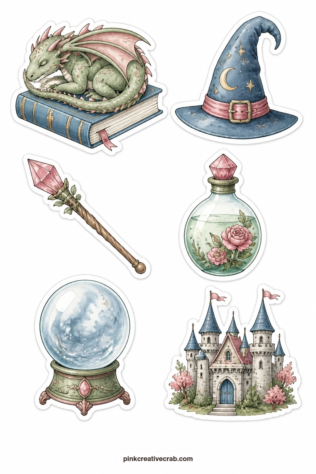 Fantasy Reading Stickers printable page — A dragon curled on a book, a wizard hat, a magic wand, a potion bottle, a crystal ball and a small castle bring a