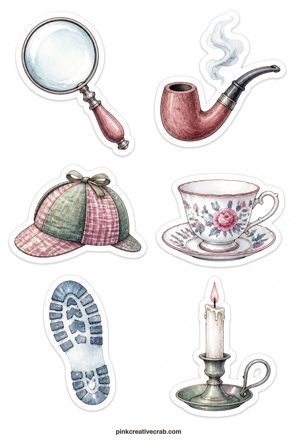 Cozy Mystery Stickers printable page — Magnifying glass, pipe, deerstalker hat, teacup, footprint and candlestick give this sheet a classic detective-novel