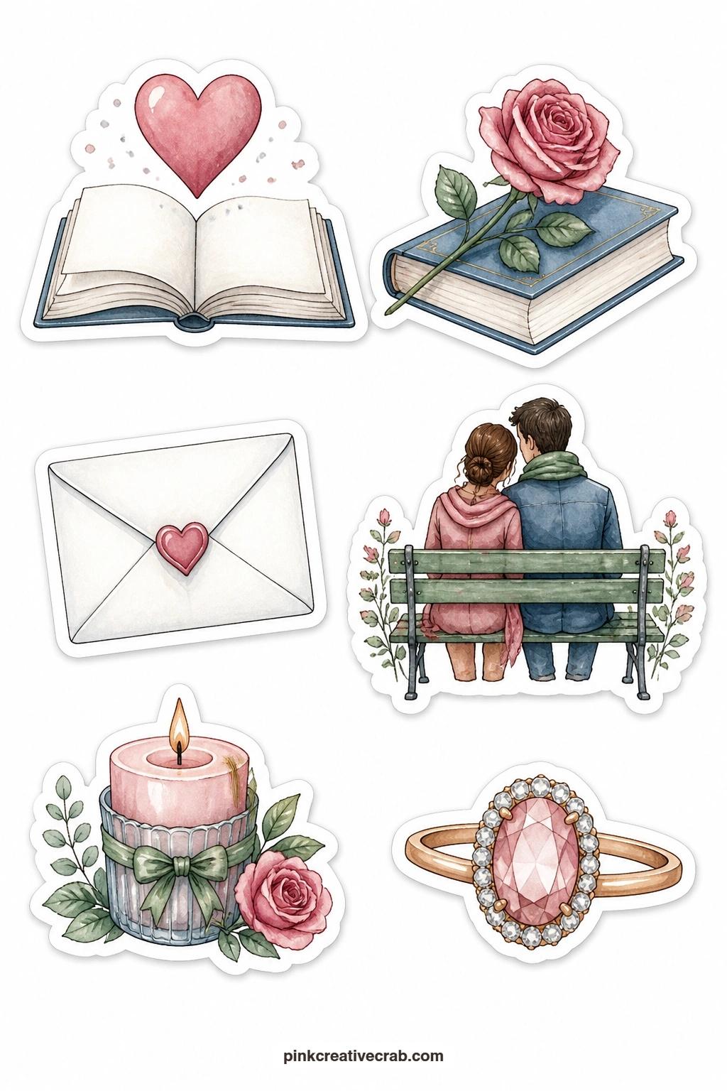 Romance Reading Stickers printable page — Heart over a book, rose on a book, a folded love letter, a couple on a bench, a candle and a ring finish out the