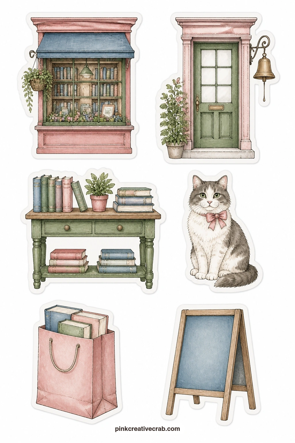 Book Shop Stickers printable page — Shop window, book display table, bell over the door, shop cat, paper bag of books and a plain easel make up a small shop