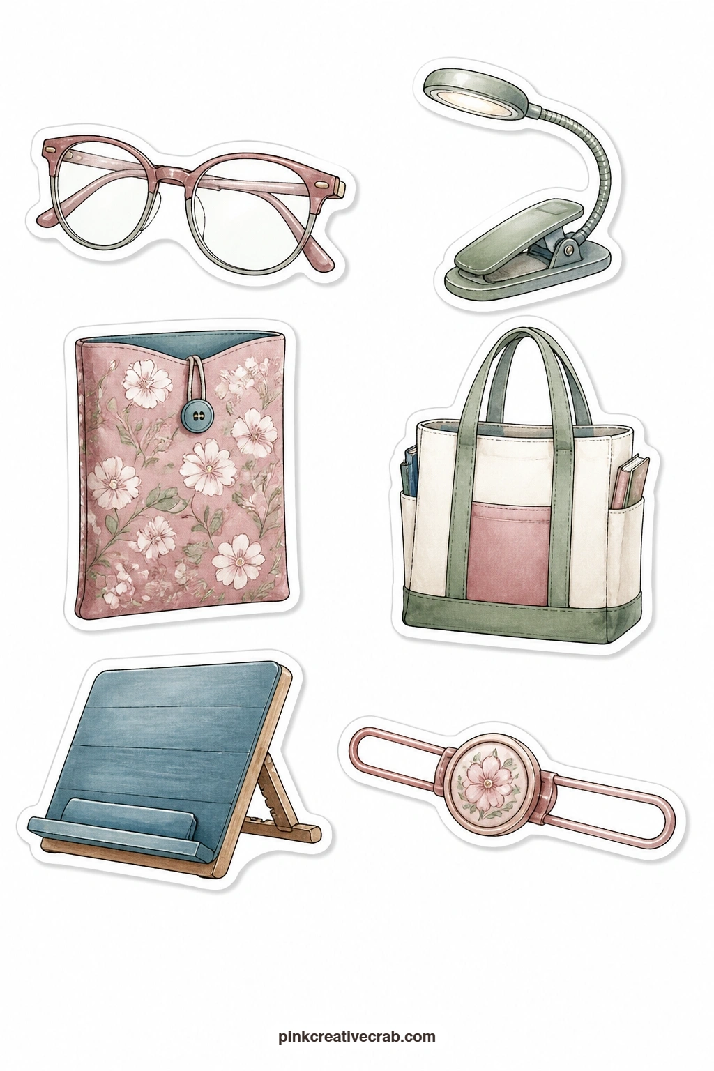 Bookish Accessories Stickers printable page — Reading glasses, book light, book sleeve, book tote, book stand and page holder round out the practical side of