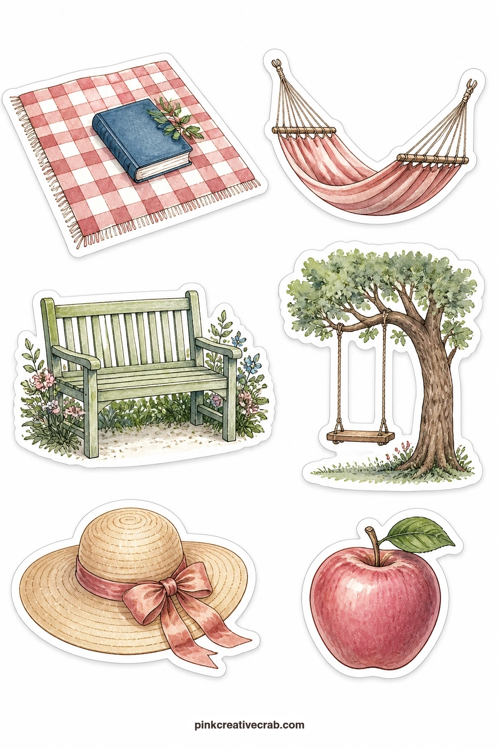Reading Outdoors Stickers printable page — Picnic blanket with a book, hammock, garden bench, tree swing, sun hat and an apple carry the reading nook outside