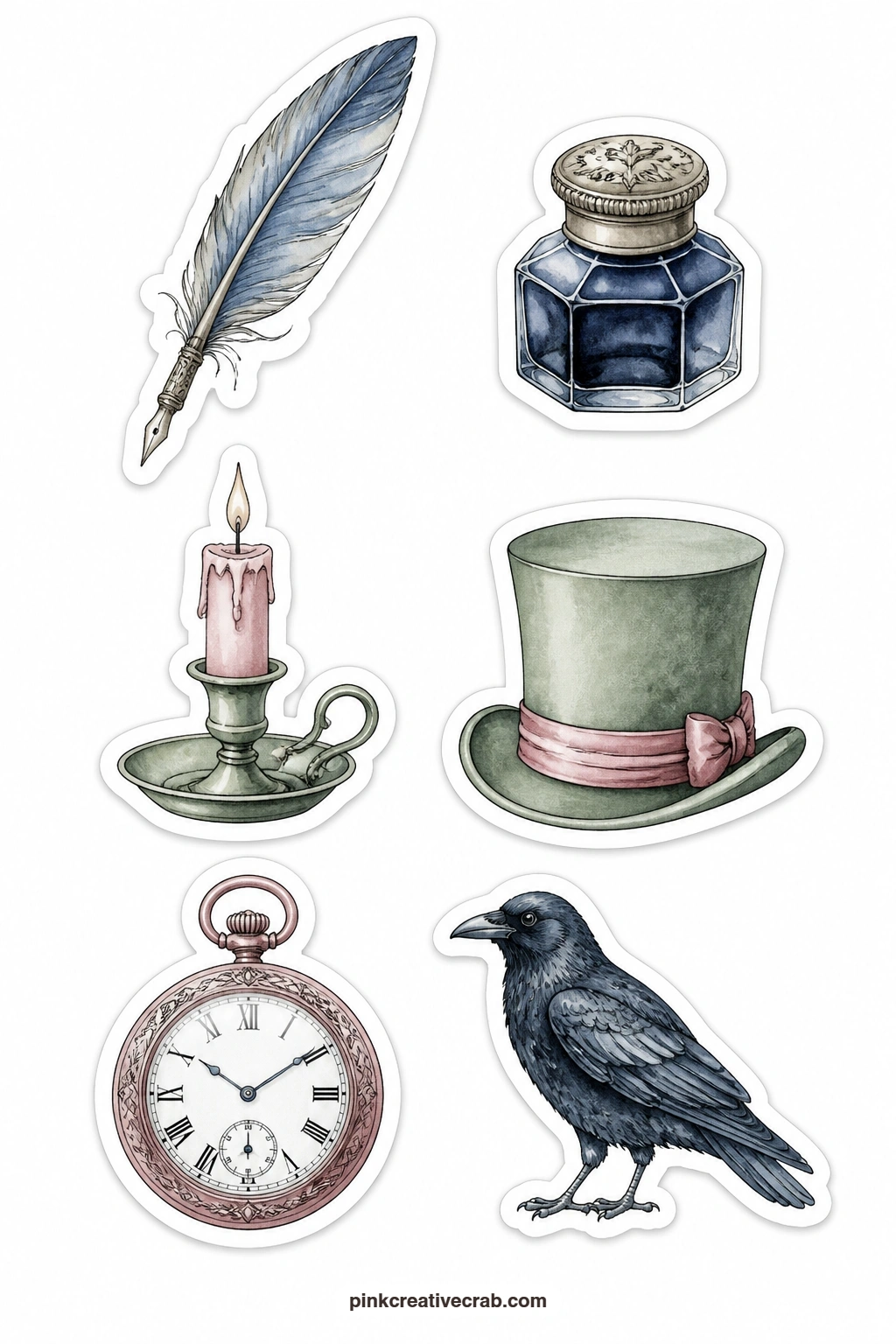 Classic Novels Stickers printable page — Quill, ink pot, candle in a holder, top hat, pocket watch and a raven set this sheet firmly in old-novel territory