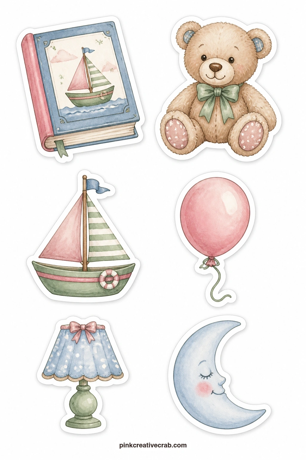 Picture Book Memories Stickers printable page — Picture book, teddy bear, toy boat, balloon, nursery lamp and moon make this the gentlest sheet in the set, six