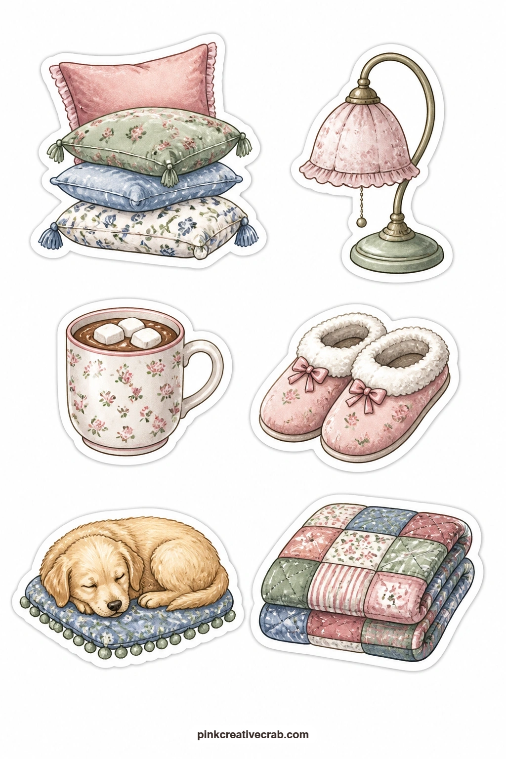 Reading in Bed Stickers printable page — Pillow pile, night lamp, mug of cocoa, slippers, a sleeping dog and a quilt bring the set to its cosiest point, six