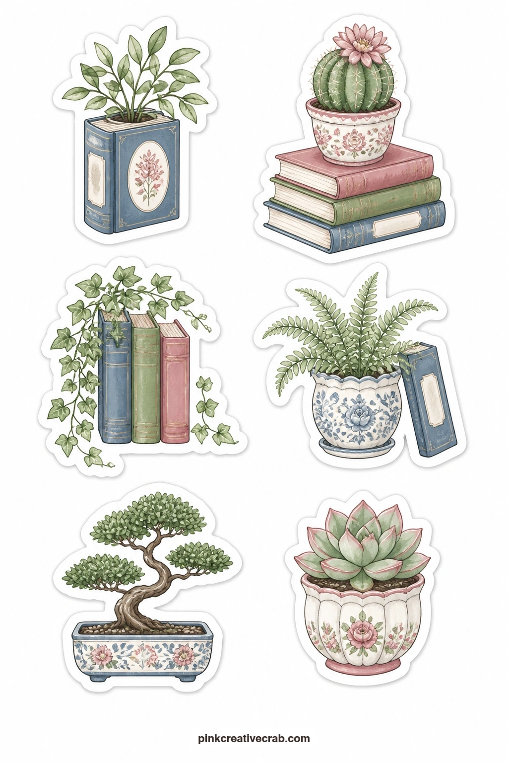 Book Plants Stickers printable page — Plant growing from a book vase, cactus balanced on books, trailing ivy, fern beside a book, a small bonsai and a