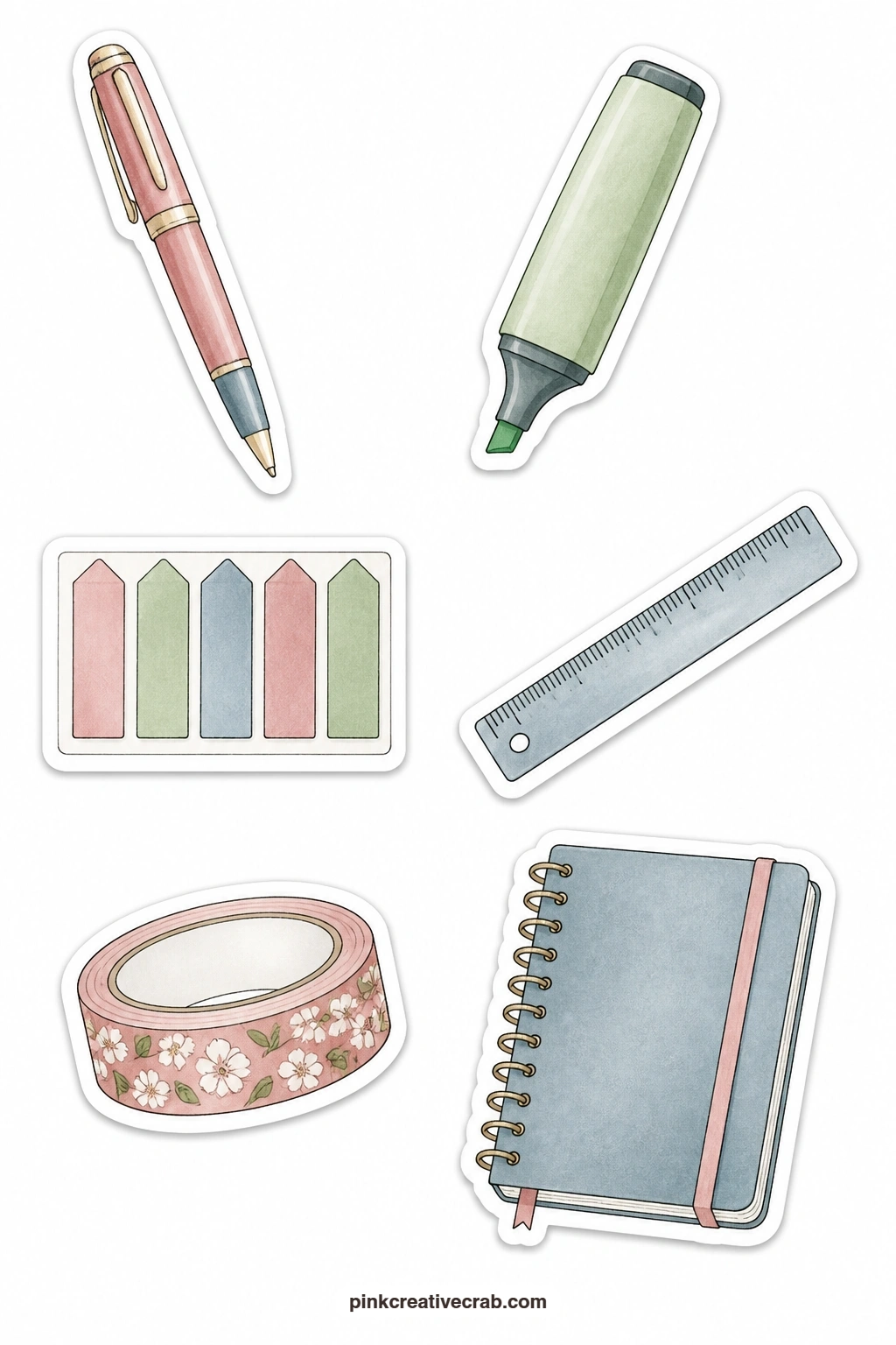 Reading Journal Tools Stickers printable page — Pen, highlighter, a set of sticky tabs, ruler, washi roll and notebook finish the practical corner of the set