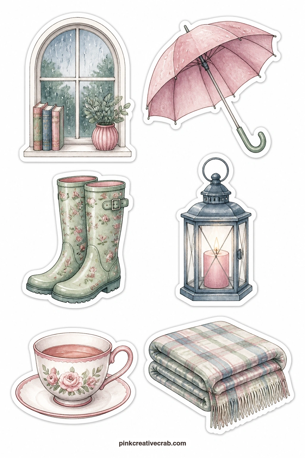 Rainy Reading Day Stickers printable page — Rainy window, umbrella, pair of boots, candle lantern, cup of tea and a soft blanket close out the set on its