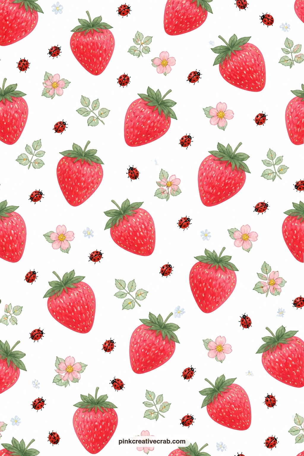 Big Strawberries and Ladybugs Paper printable page — Oversized strawberries share the page with small red ladybugs, a cheerful mat for a kids' summer card or a