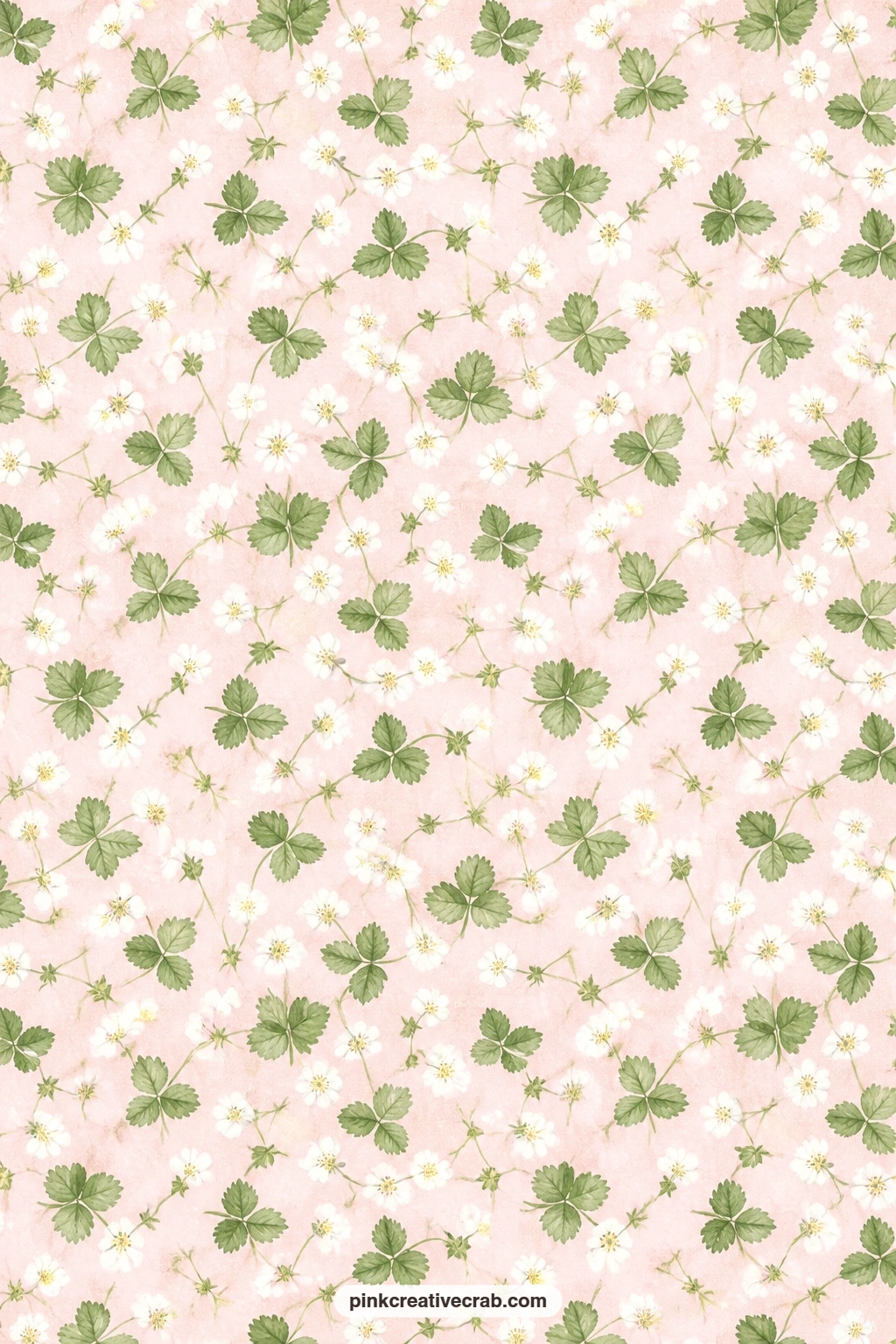 Strawberry Blossom and Leaf Paper printable page — Small white blossoms and trefoil leaves drift across pale pink, a softer sheet for a journal cover or the