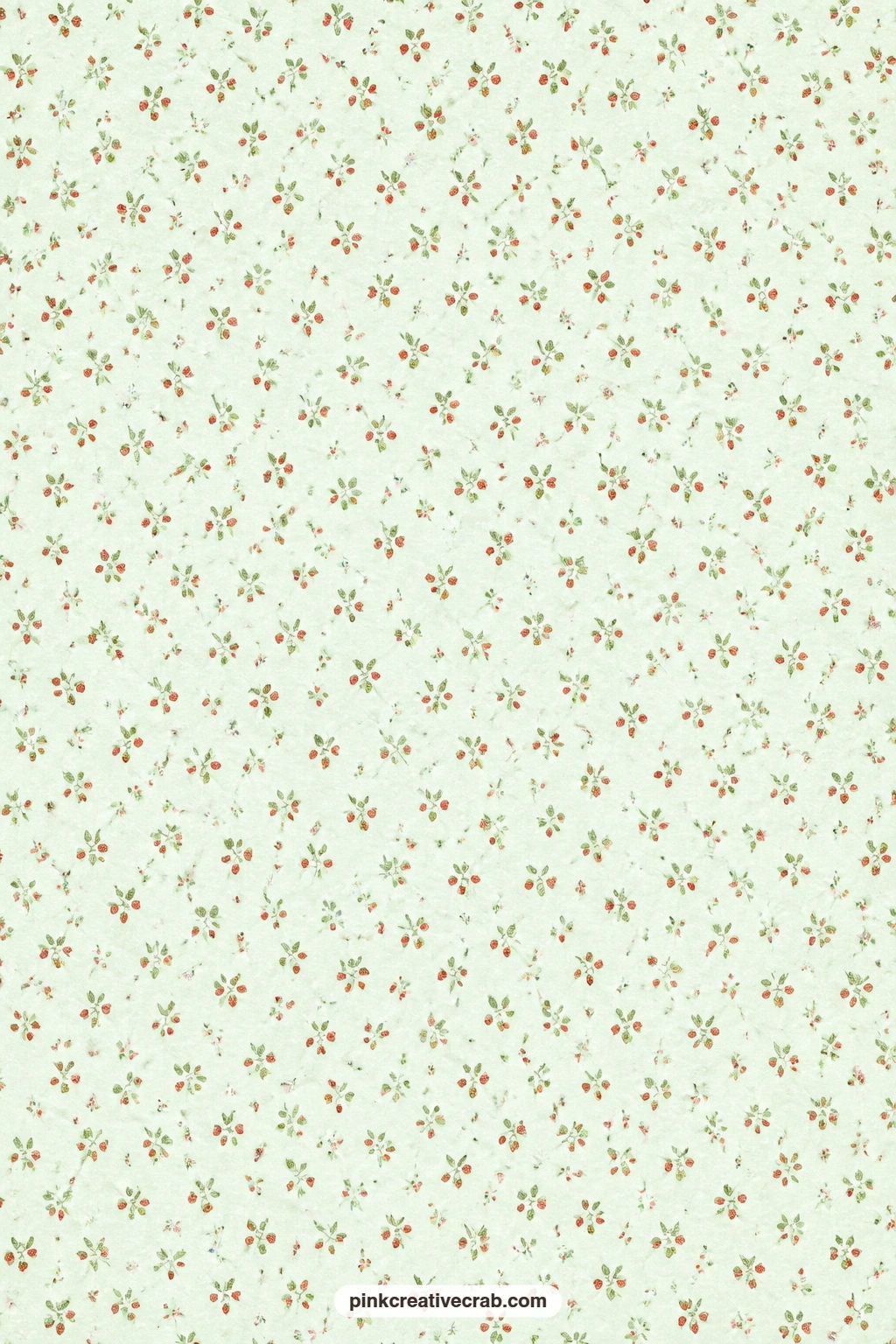 Wild Strawberry Ditsy Paper printable page — Tiny wild strawberries and small leaves make a fine ditsy print on pale green, a gentle liner for a recipe card