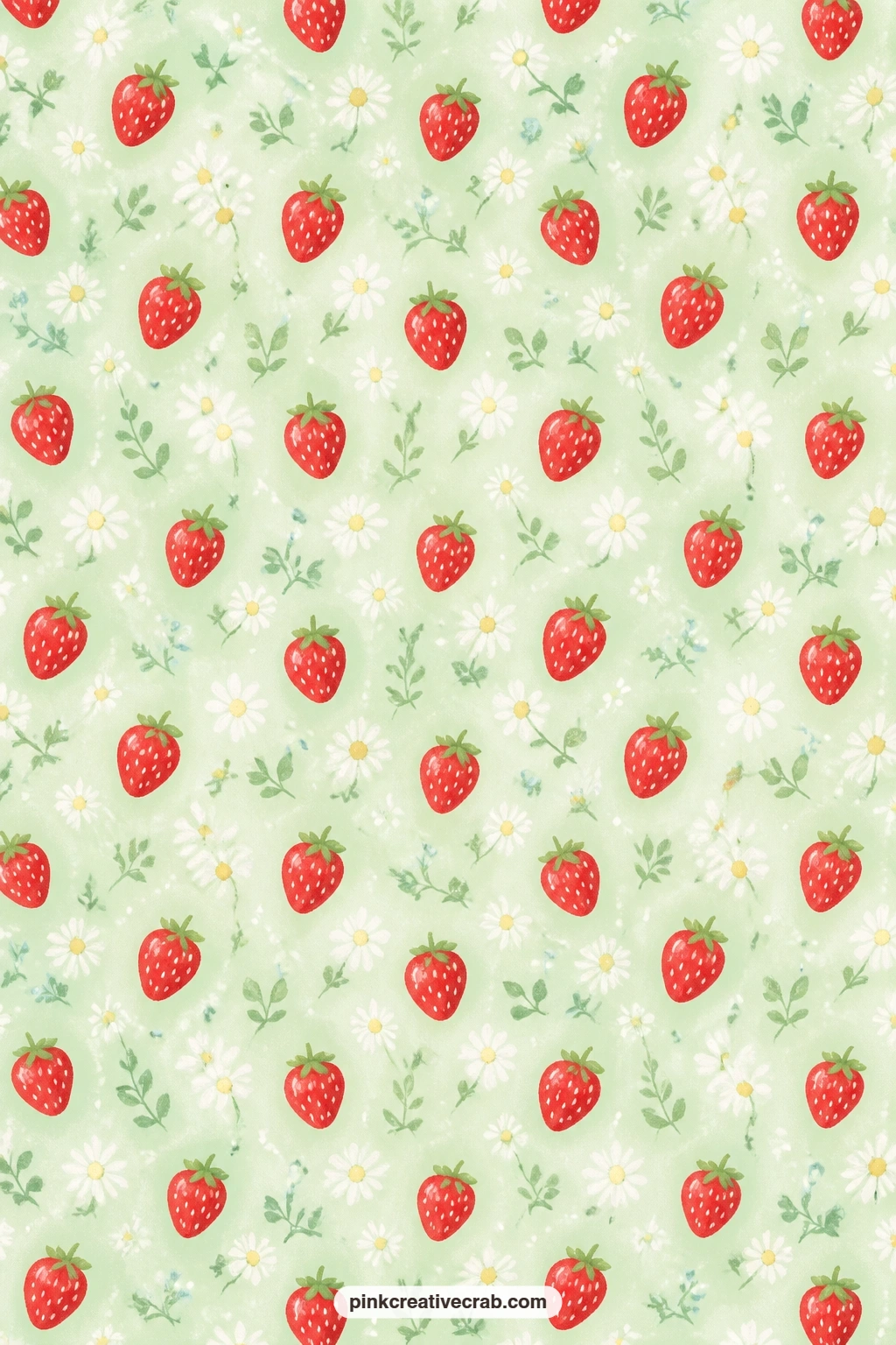 Strawberries and Daisies Paper printable page — Small daisies sit between strawberries on soft mint, a fresh match for anyone building out a pink scrapbook