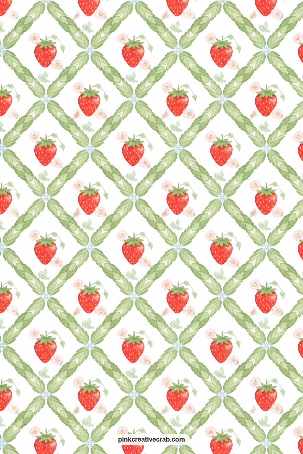 Strawberry Lattice Leaf Paper printable page — Strawberries sit inside a lattice of overlapping green leaves on white, a tidy choice for the base layer under a