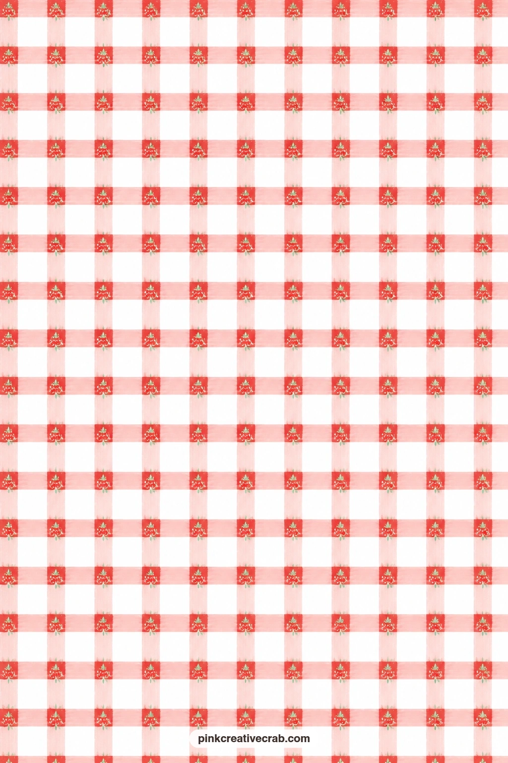 Berry Gingham Paper printable page — Red and white gingham carries tiny strawberries at the check crossings, a classic picnic cloth look for a card mat or