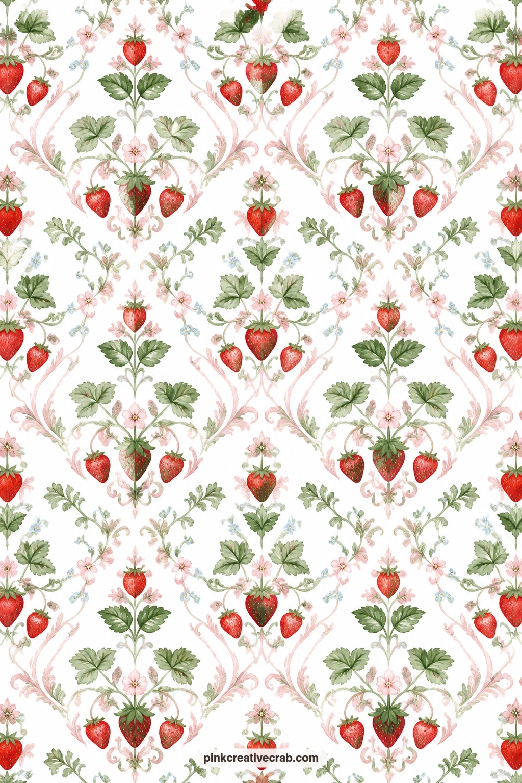 Strawberry Damask Paper printable page — A red strawberry damask on white brings a more formal mood, suited to a keepsake recipe book cover or a card for