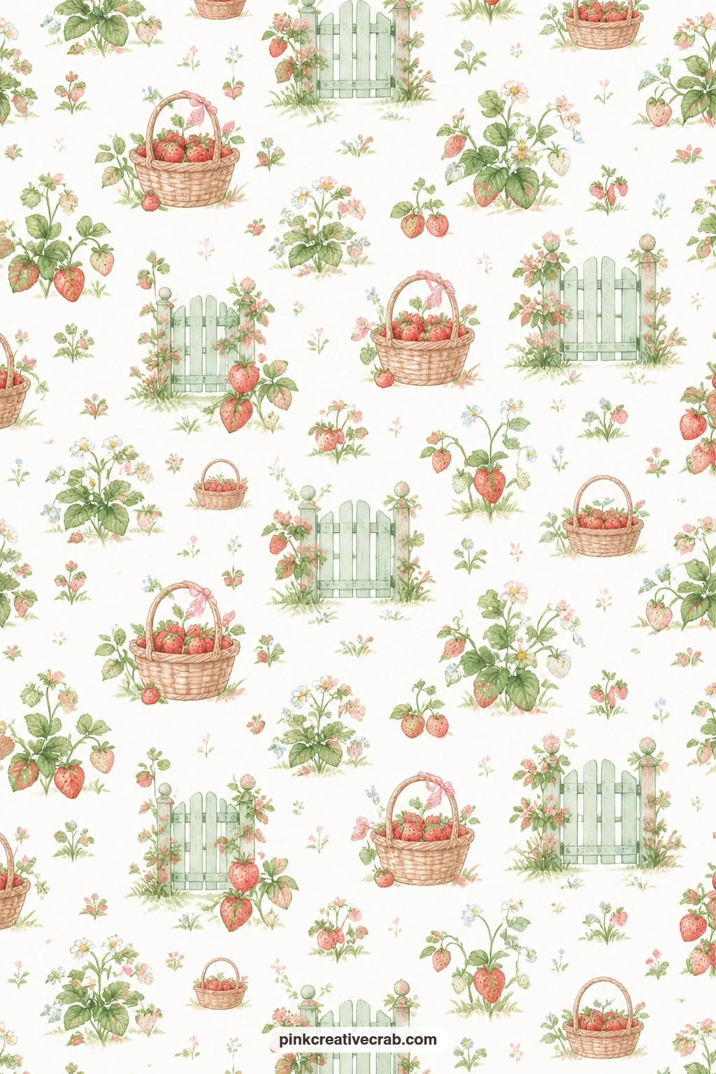 Strawberry Toile Paper printable page — Berry baskets and garden gates form a classic toile scene on white, a good fit if the journal already leans toward
