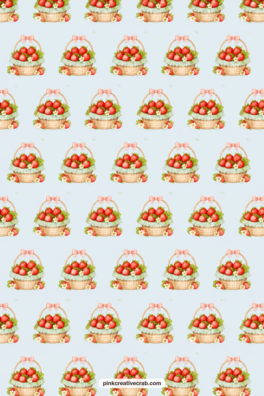 Strawberry Basket Rows Paper printable page — Small woven baskets full of strawberries repeat in neat rows on pale blue, a tidy mat behind a diorama of a farm