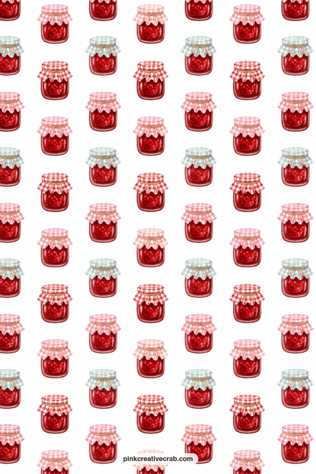 Strawberry Jam Jar Paper printable page — Small jam jars with gingham lids repeat across white, made to sit right behind a handwritten label on a homemade