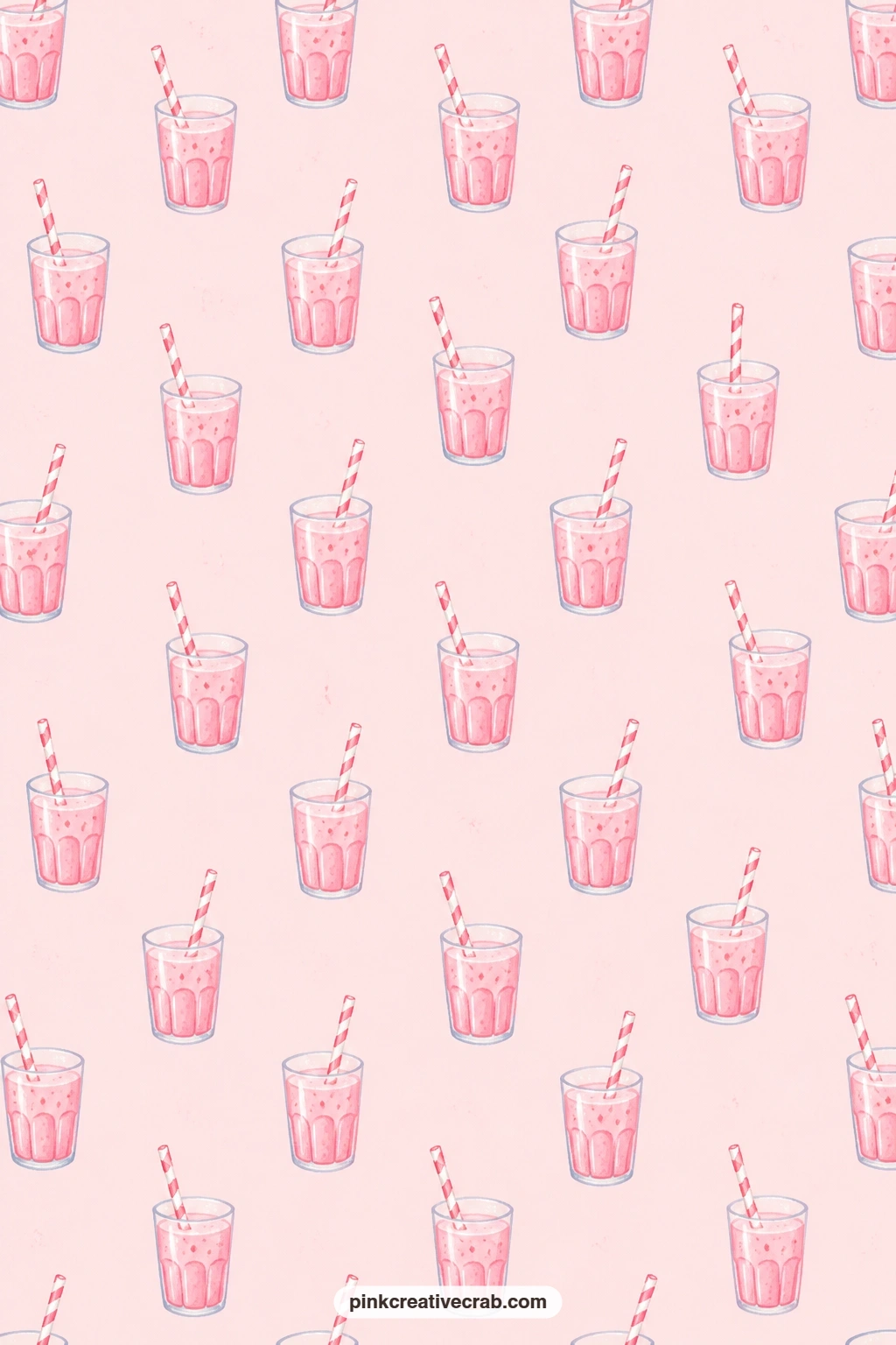 Strawberry Milk Paper printable page — Glasses of pink strawberry milk with striped straws repeat on pale pink, a playful sheet for a summer card or a kids'