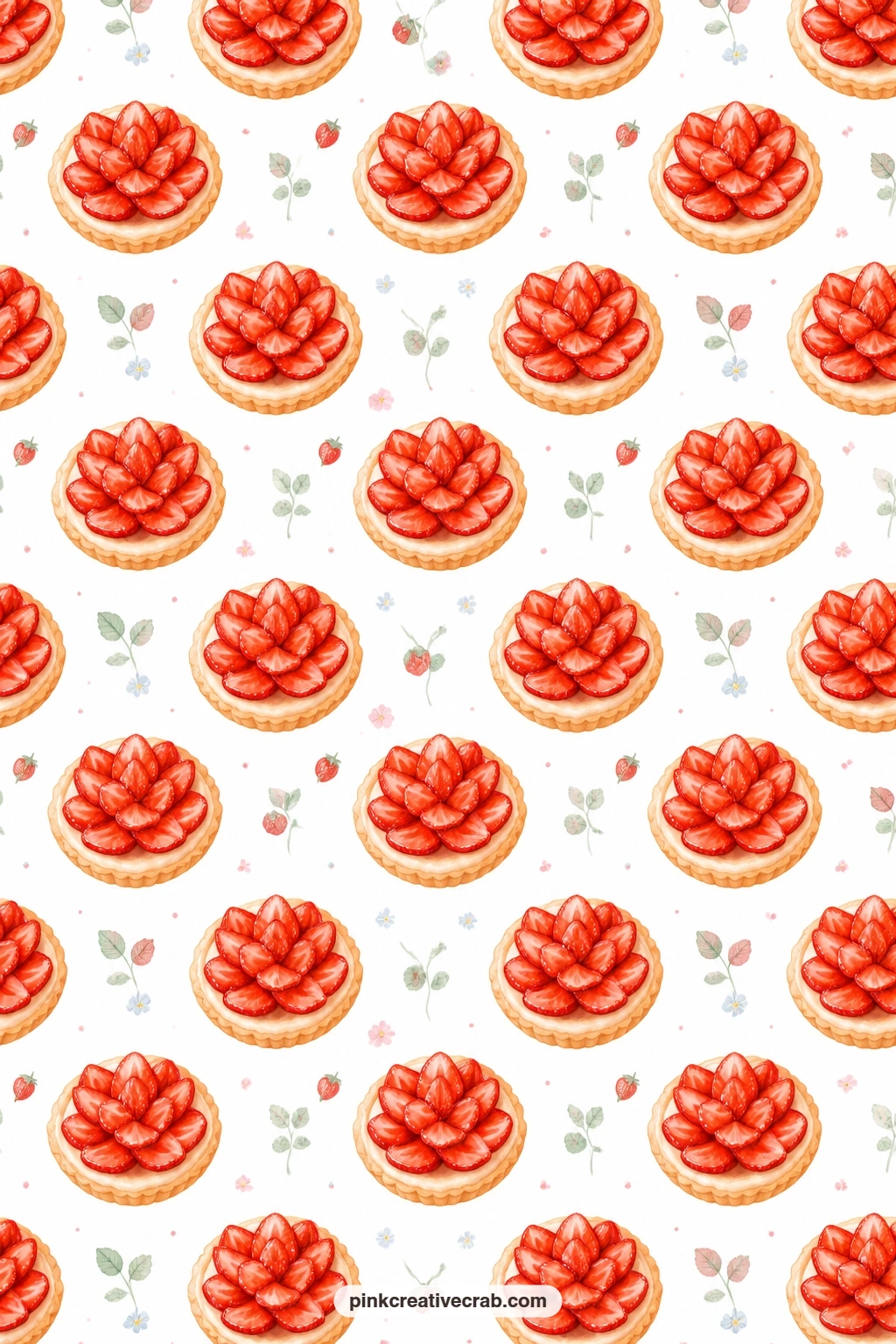 Strawberry Tart Paper printable page — Neat little tarts topped with glazed strawberries repeat on white, pairing naturally with the jam jar paper for a bakery