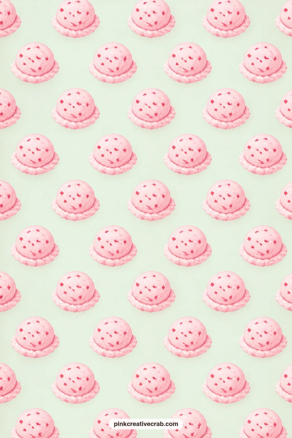 Strawberry Ice Cream Scoop Paper printable page — Scoops of pink strawberry ice cream repeat across pale mint, a fitting close to the set for a dessert page or
