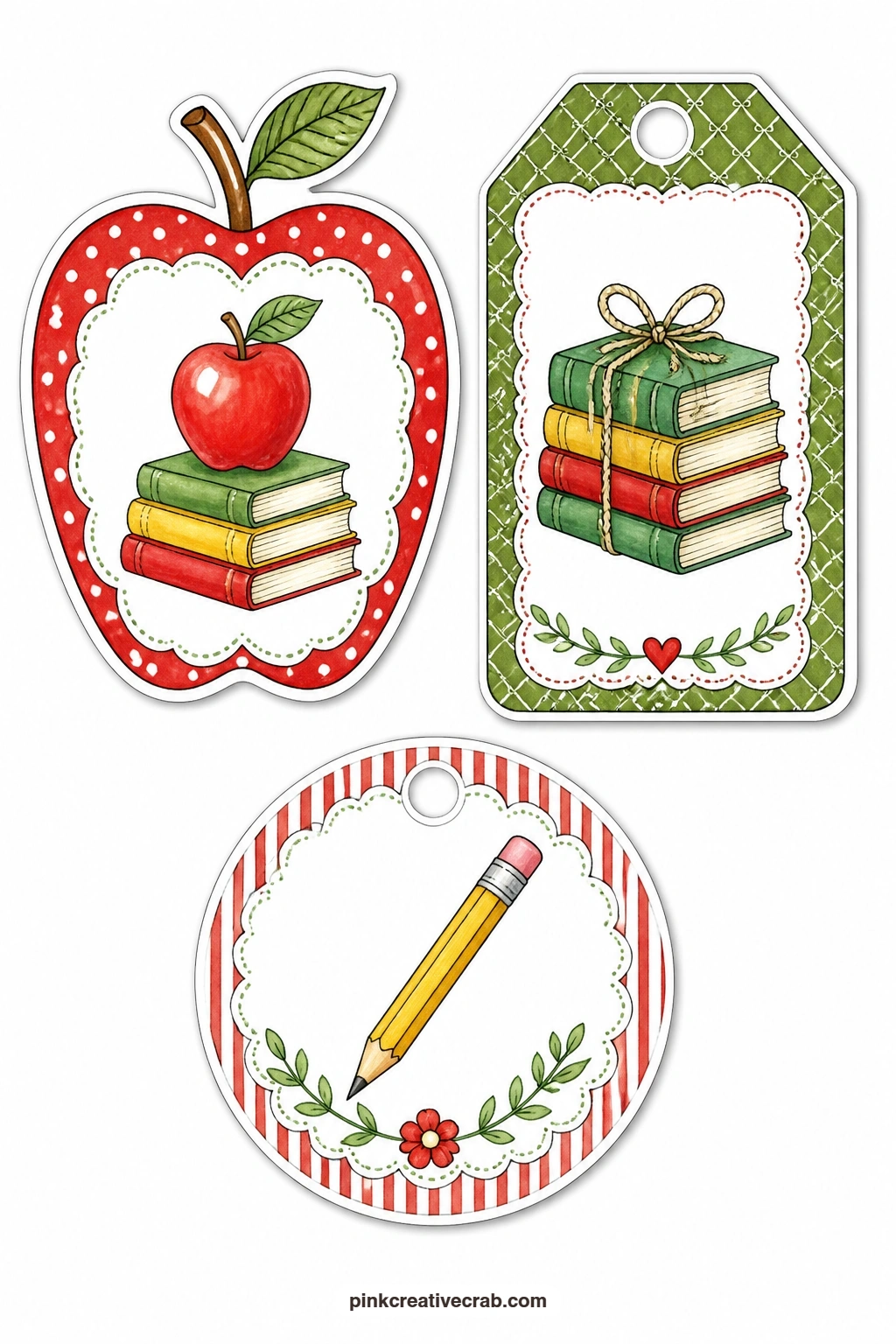 Apple And Books Tags printable page — Shaped like a shiny apple with a small leaf at the stem, a luggage tag stacked with books tied by a loop, and a round tag