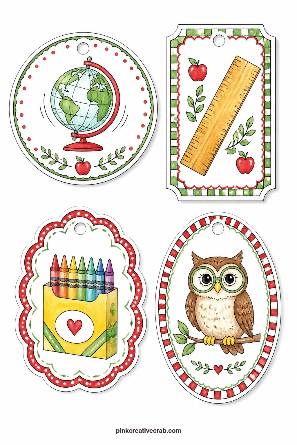 Globe And Crayons Tags printable page — Round, rectangular, scalloped and oval shapes carry a spinning globe, a wooden ruler, a box of crayons and an owl in