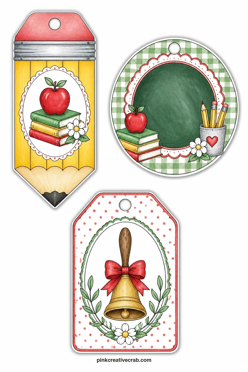 Pencil And Bell Tags printable page — One tag is shaped like a whole pencil, another is round with a blank chalkboard waiting for chalk letters, and a luggage