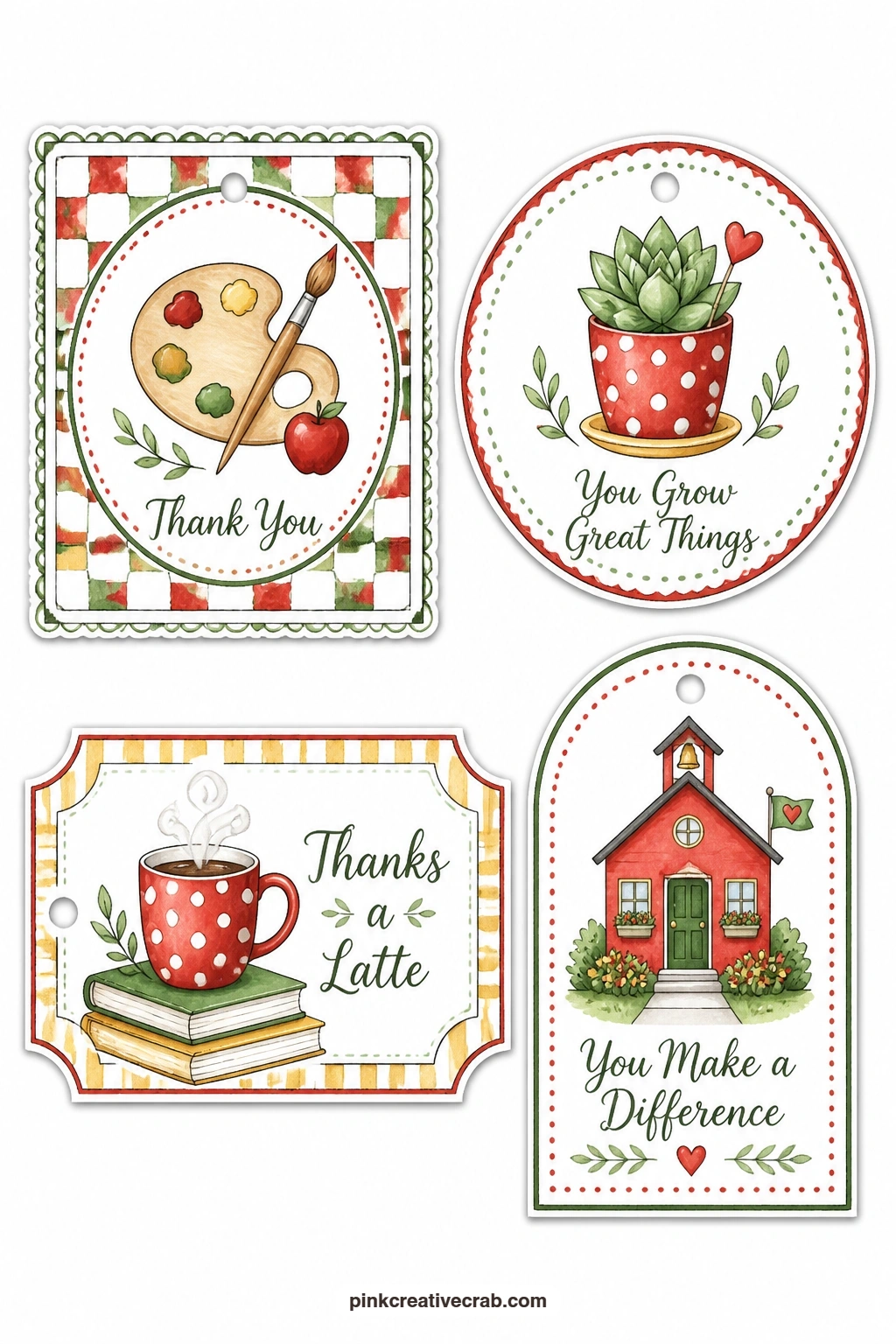 Palette And Schoolhouse Tags printable page — A square tag with a paint palette, a round tag with a small potted succulent, a ticket label with a steaming