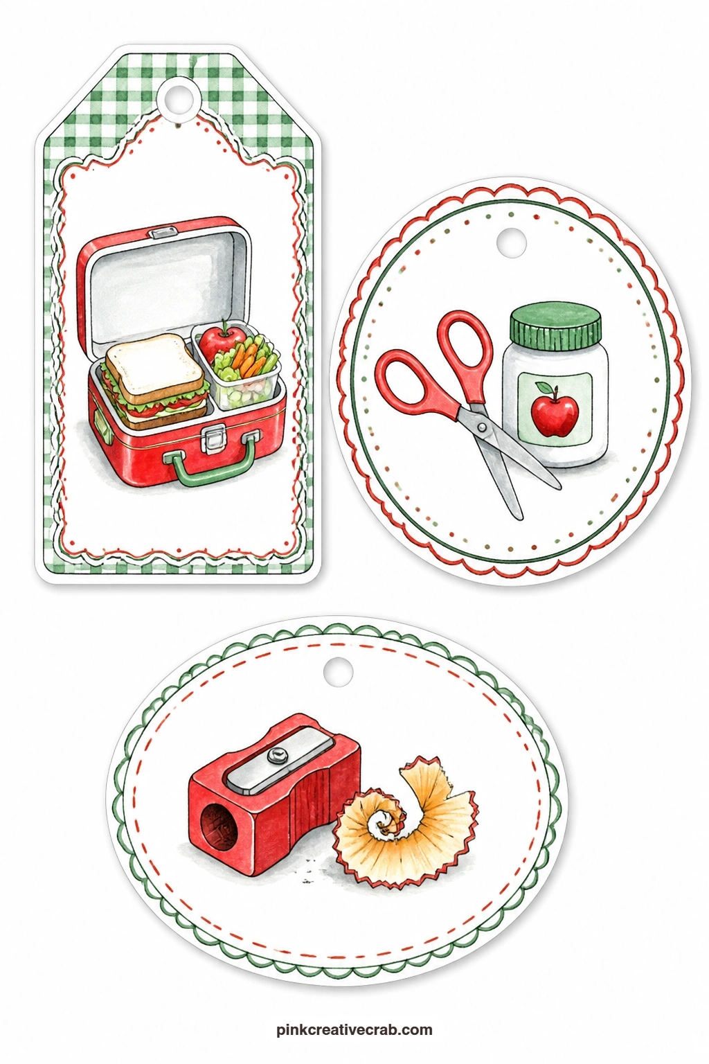 Lunchbox And Glue Pot Tags printable page — A luggage tag shows a packed lunchbox, a round tag pairs scissors with a glue pot, and an oval tag carries a pencil