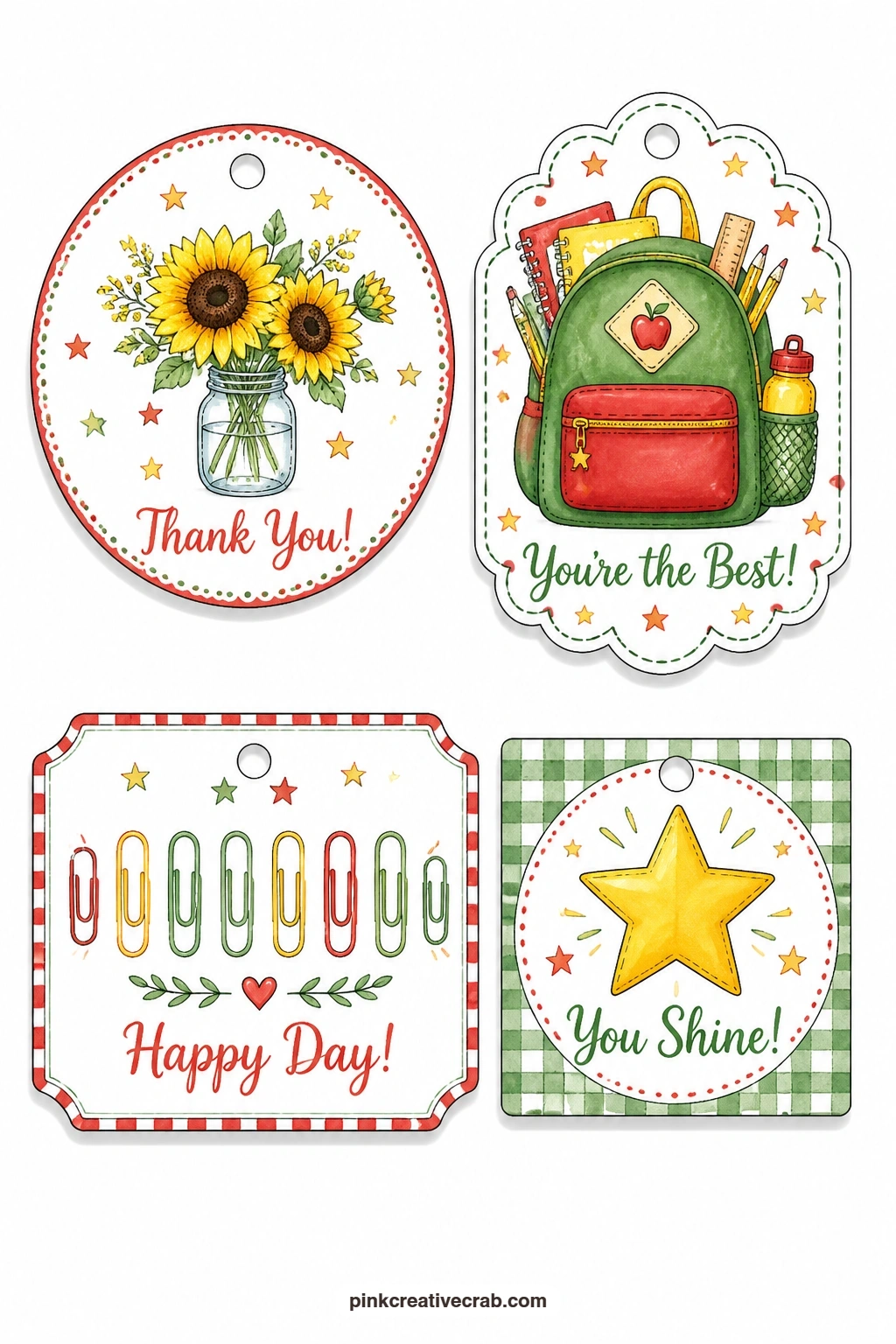 Sunflower And Star Tags printable page — Sunflowers in a glass jar, a packed backpack, a row of paper clips and a gold star sticker fill four shapes, round