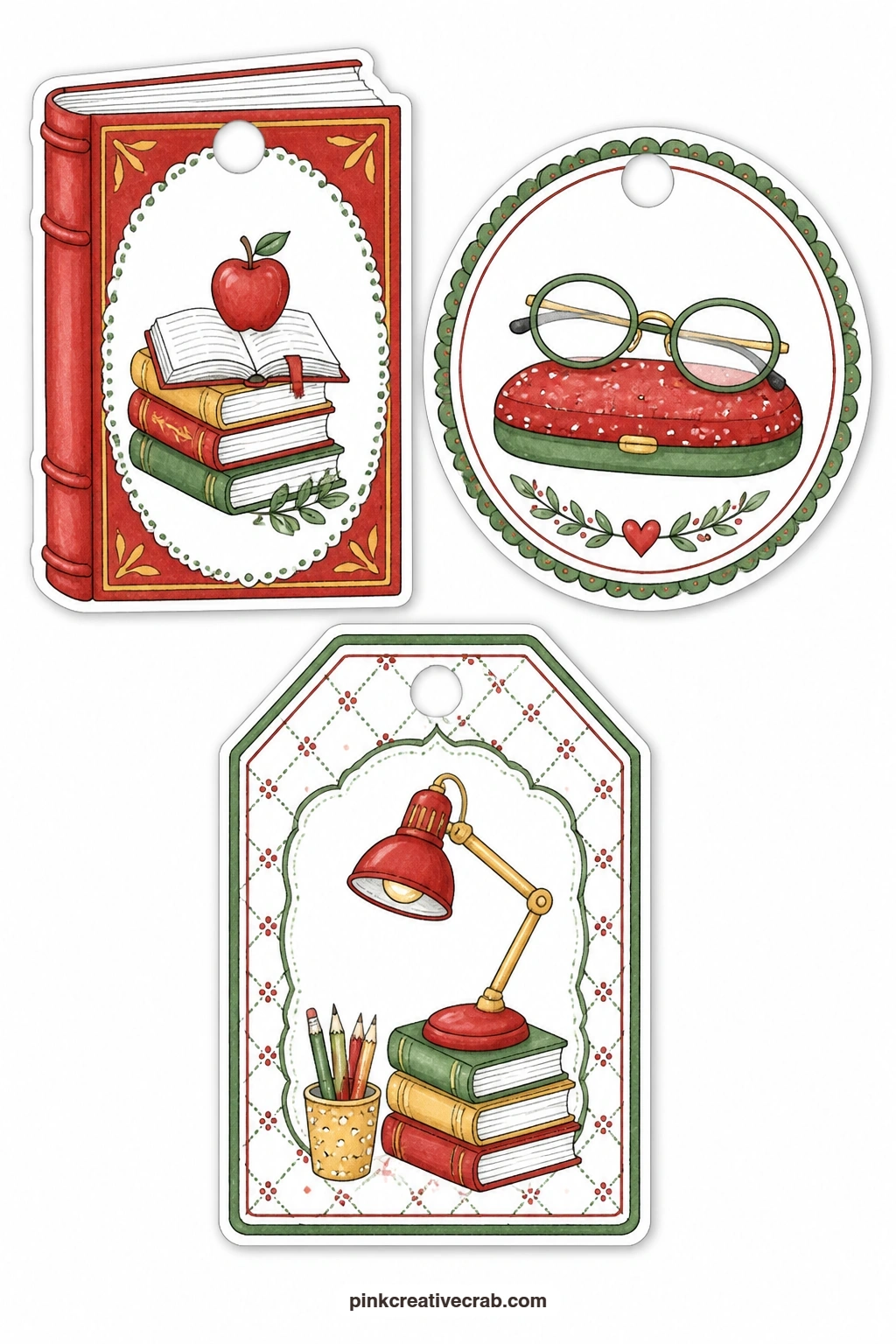 Books And Lamp Tags printable page — Shaped like an open book, a round tag with reading glasses resting on their case, and a luggage tag with a small desk lamp