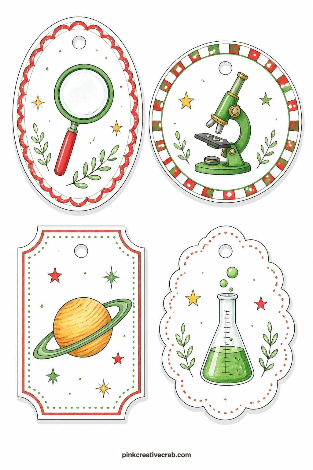 Science And Space Tags printable page — A magnifying glass, a microscope, a ringed planet and a glass beaker fill an oval, round, ticket and scalloped tag