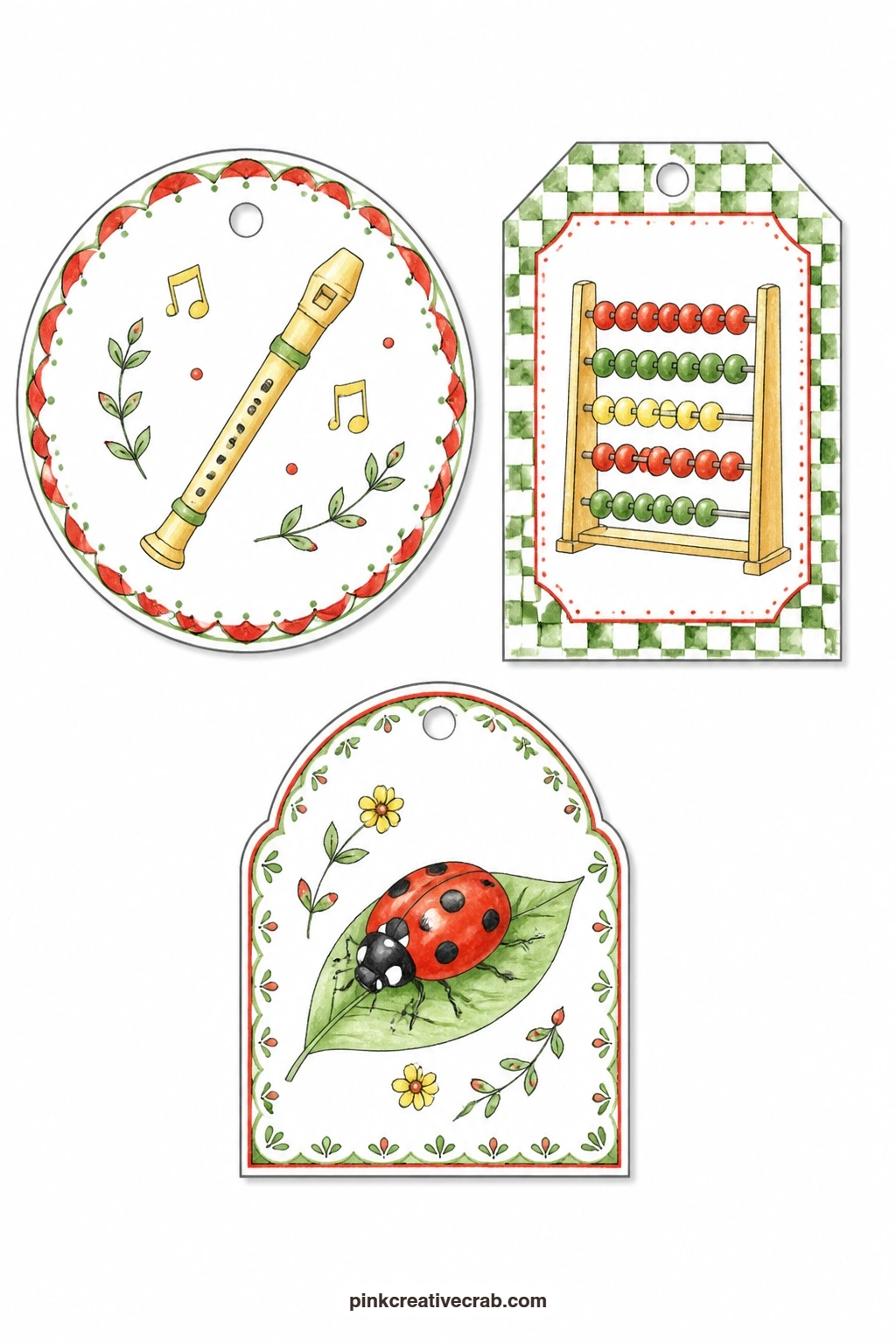 Music And Ladybug Tags printable page — A round tag carries a small recorder flute, a luggage tag shows a wooden abacus and an arched tag has a ladybug resting