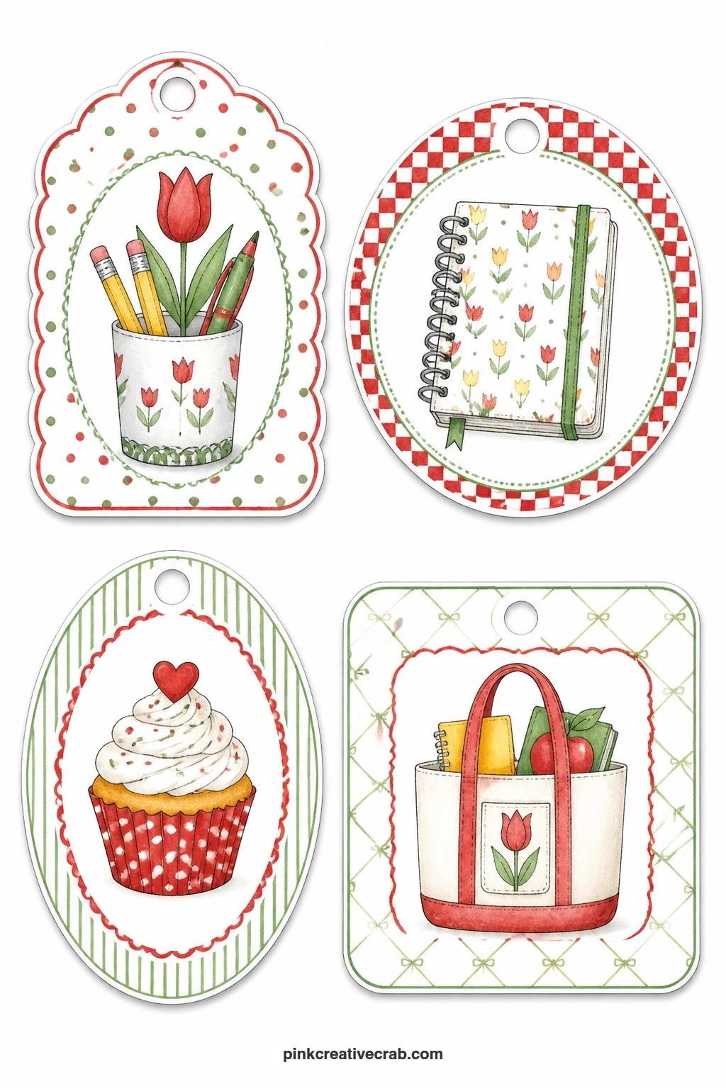 Tulip And Tote Tags printable page — A scalloped tag holds a tulip in a pencil cup, a round tag shows a spiral notebook, an oval tag has a frosted cupcake and
