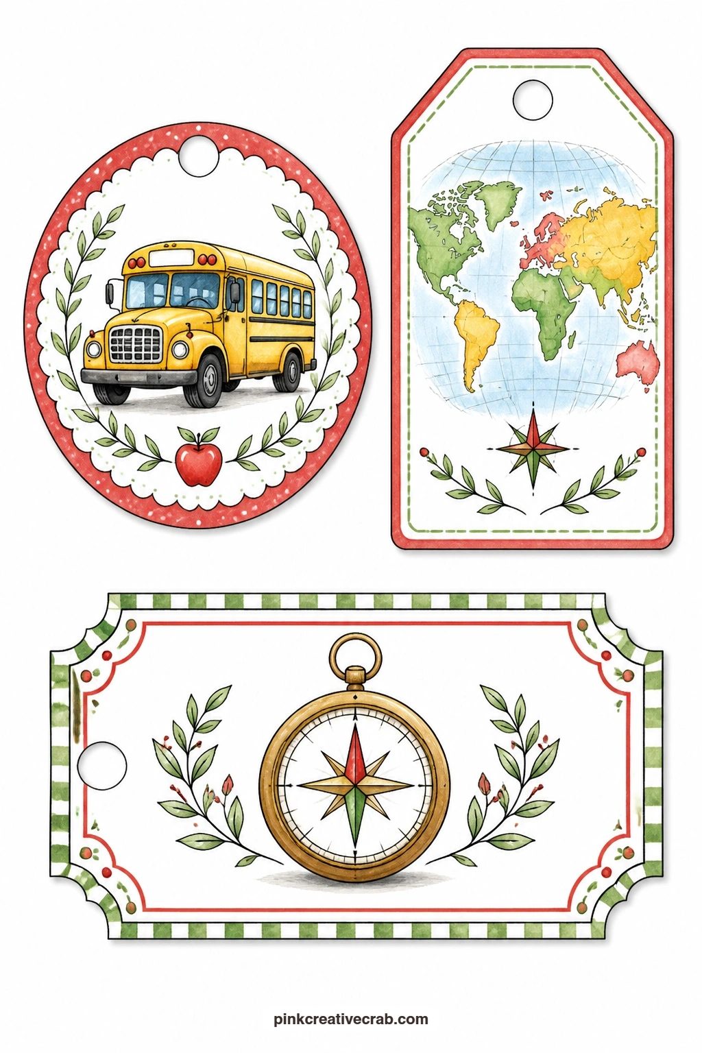 School Bus And Map Tags printable page — A round tag shows a yellow school bus, a luggage tag carries a world map and a rectangular label has a brass compass