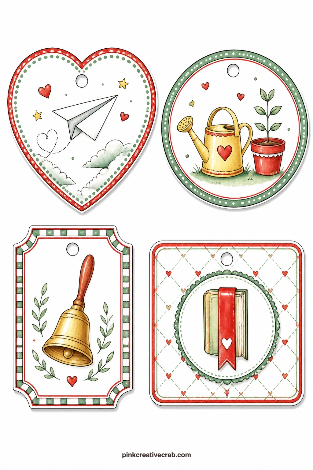 Paper Airplane And Bookmark Tags printable page — A heart shaped tag has a paper airplane, a round tag shows a watering can beside a small seedling, a ticket