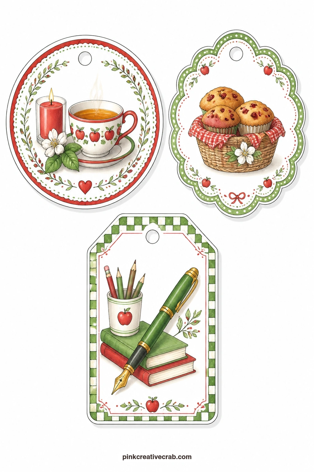 Tea And Muffin Tags printable page — Warm up the gift table with a round tag showing a cup of hot tea beside a lit candle, a scalloped tag with a basket of