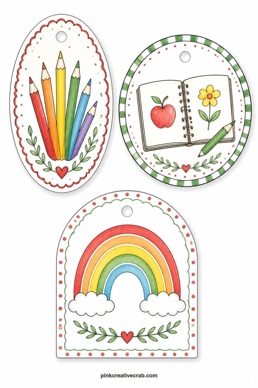 Colored Pencils And Rainbow Tags printable page — An oval tag fans out a set of coloured pencils, a round tag shows an open sketchbook and an arched tag