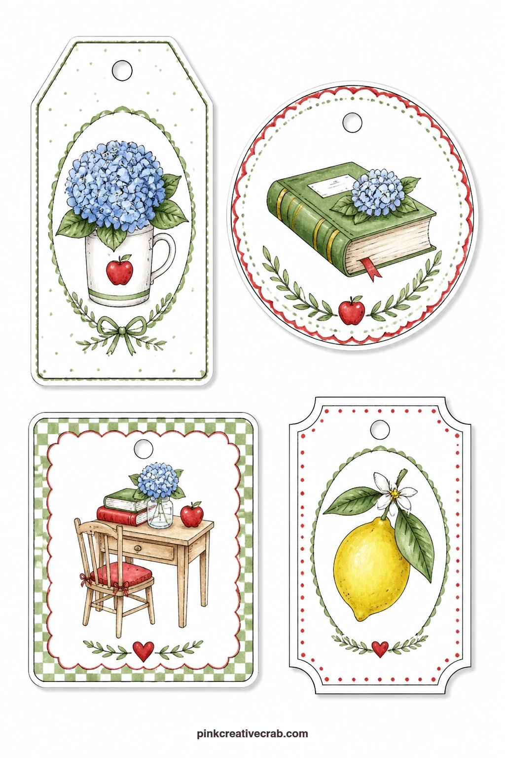 Hydrangea And Lemon Tags printable page — A luggage tag holds a hydrangea in a small mug, a round tag shows a thick dictionary, a square tag has a tiny desk
