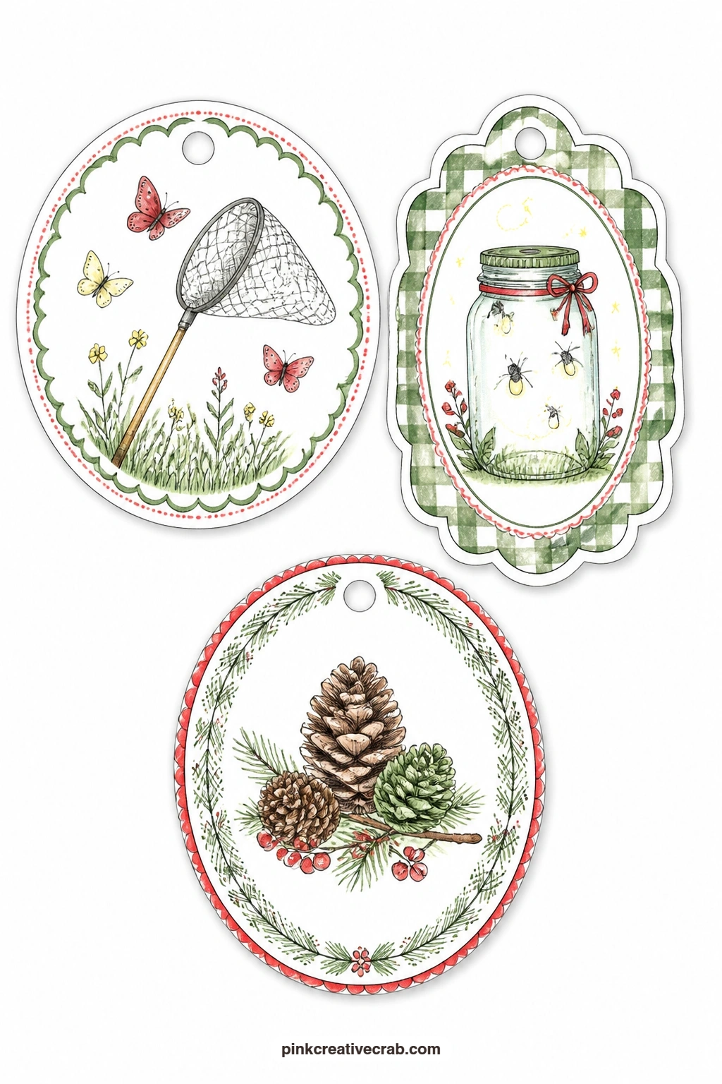 Butterfly Net And Firefly Tags printable page — A round tag carries a butterfly net, a scalloped tag shows a jar of fireflies and an oval tag has a small