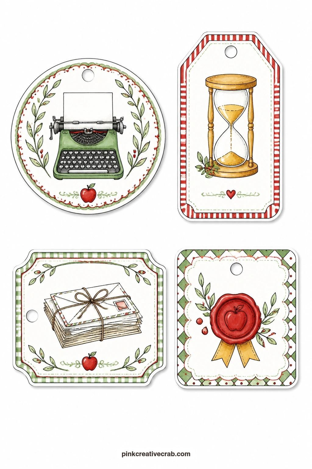 Typewriter And Wax Seal Tags printable page — A round tag shows an old typewriter, a luggage tag carries an hourglass, a rectangular label has a stack of tied