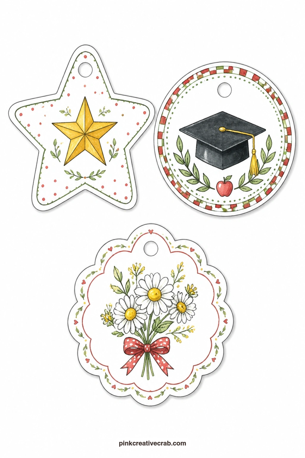 Graduation And Daisy Tags printable page — Closing the set, a star shaped tag carries a single gold star, a round tag shows a graduation cap and a scalloped