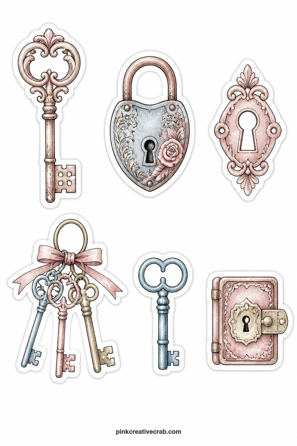 Keys and Locks Stickers printable page — Six pieces make up this sheet: an ornate key, a padlock, a keyhole escutcheon, a key bundle, a cabinet key and a tiny