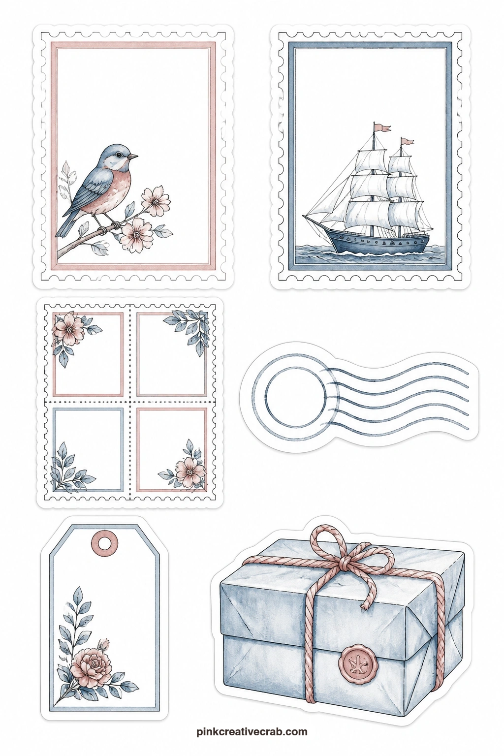 Postage and Mail Stickers printable page — Six postal pieces share this sheet: a blank stamp with a bird, a blank stamp with a ship, a stamp block, a postmark