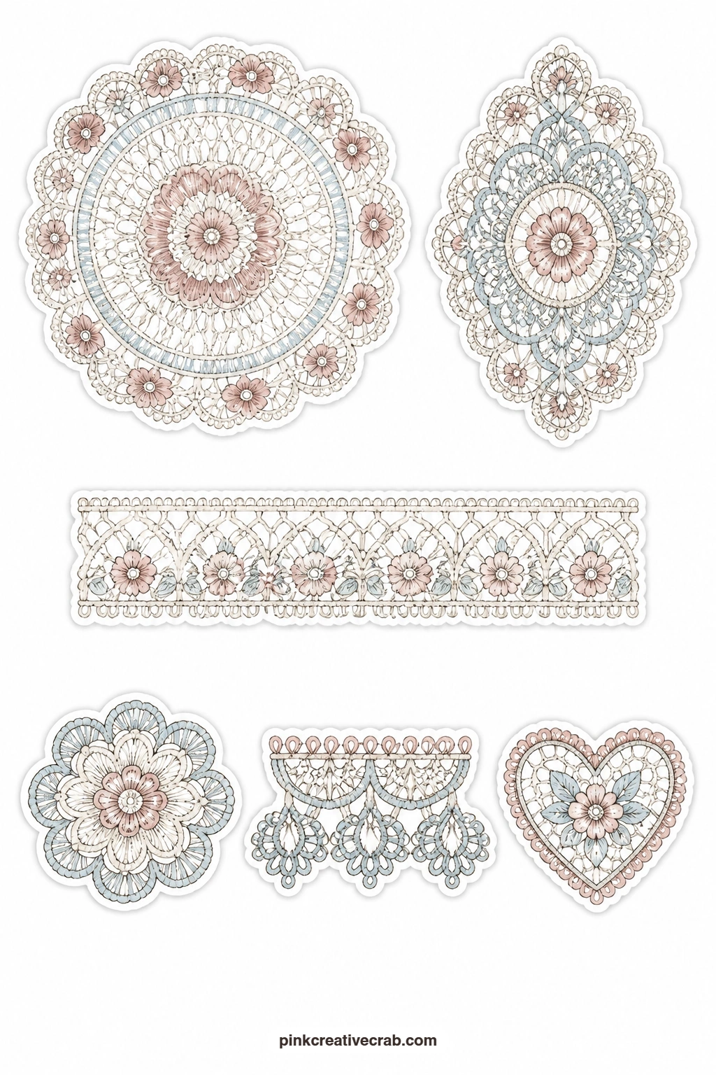 Lace Pieces Stickers printable page — Six lace motifs fill this sheet: a lace doily, a lace medallion, a lace strip, a crochet flower, a tatted edge and a lace